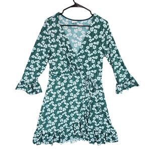 Gina Tricot Dress sz M Women A Line Floral Green Faux‎ Wrap Ruffle Hem Fairy